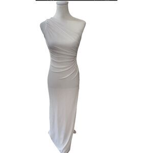 Lauren Ralph Lauren White One Shoulder Ruched Gown Crystal Brooch Petite 2P
